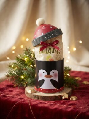 Kerstblikje met fruitsnoepjes - pinguïn