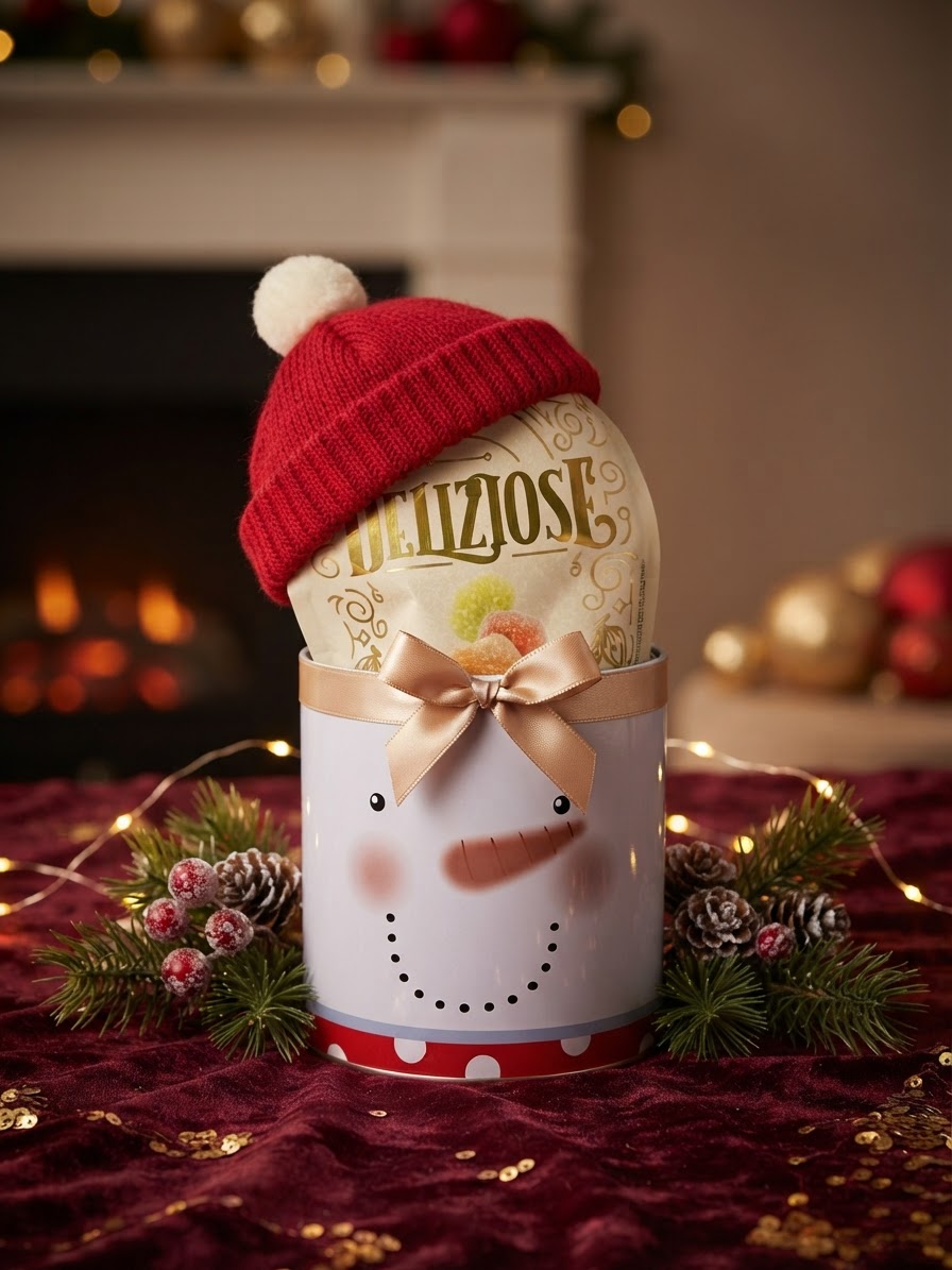 Kerstblikje met fruitsnoepjes - Sneeuwpop