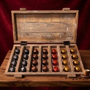 Houten kistje incl. 28 koffie cups