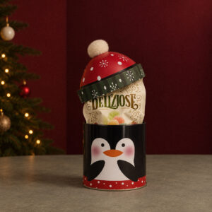 Kerstblikje met fruitsnoepjes - pinguïn